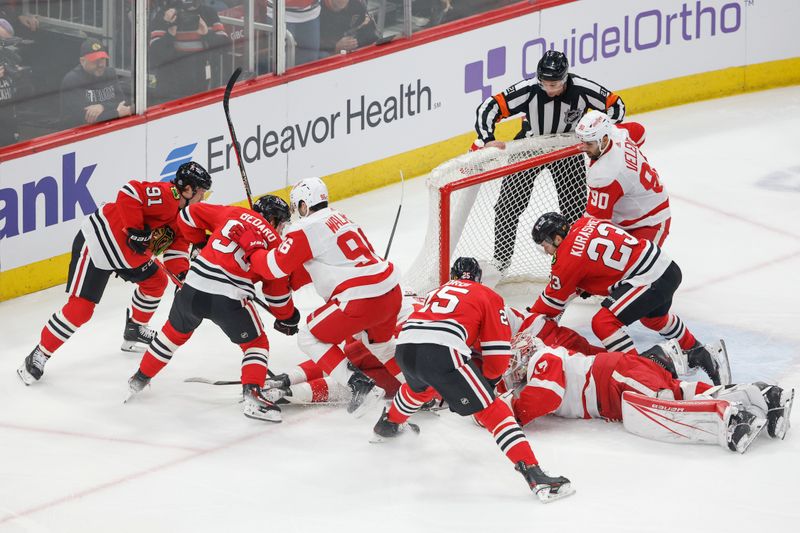 Feb 25, 2024; Chicago, Illinois, USA; Detroit Red Wings goaltender James Reimer (47) defends against the Chicago Blackhawks during the first period at United Center. Mandatory Credit: Kamil Krzaczynski-USA TODAY Sports