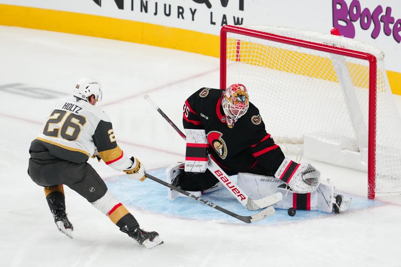 Oct 25, 2024; Las Vegas, Nevada, USA; Ottawa Senators goaltender Linus Ullmark (35) makes a save against Vegas Golden Knights right wing Alexander Holtz (26) during the third period at T-Mobile Arena. Mandatory Credit: Stephen R. Sylvanie-Imagn Images