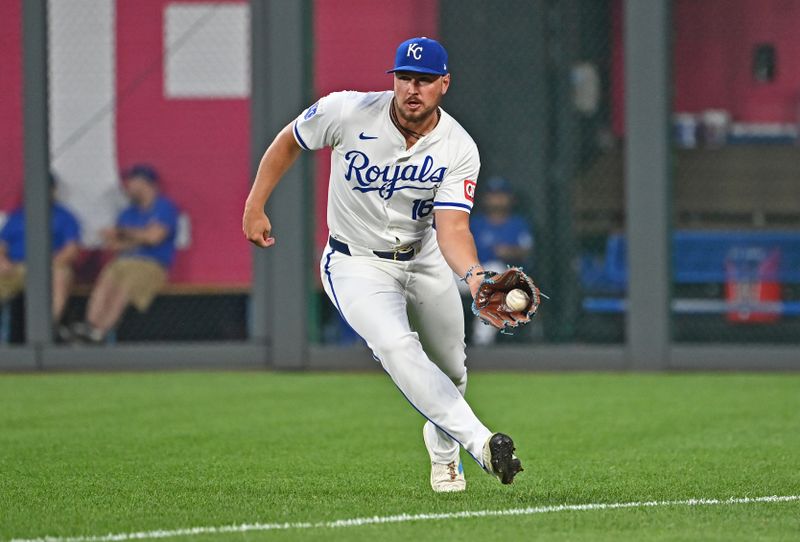 Jul 27, 2024; Kansas City, Missouri, USA;  Kansas City Royals right fielder Hunter Renfroe (16) fields a base hit from Chicago Cubs pinch hitter David Bote (not pictured) in the ninth inning at Kauffman Stadium. Mandatory Credit: Peter Aiken-USA TODAY Sports