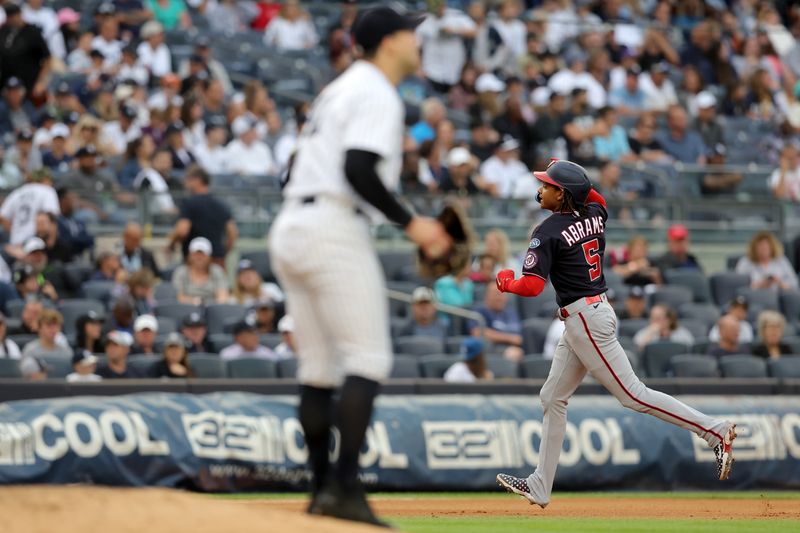 Aug 24, 2023; Bronx, New York, USA; Washington Nationals shortstop CJ Abrams (5) rounds the bases after hitting a solo home run against New York Yankees relief pitcher Tommy Kahnle (41) during the seventh inning at Yankee Stadium. Mandatory Credit: Brad Penner-USA TODAY Sports