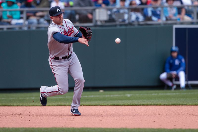 Apr 16, 2023; Kansas City, Missouri, USA; Atlanta Braves third baseman Austin Riley (27) throws to second base during the seventh inning against the Kansas City Royals at Kauffman Stadium. Mandatory Credit: William Purnell-USA TODAY Sports