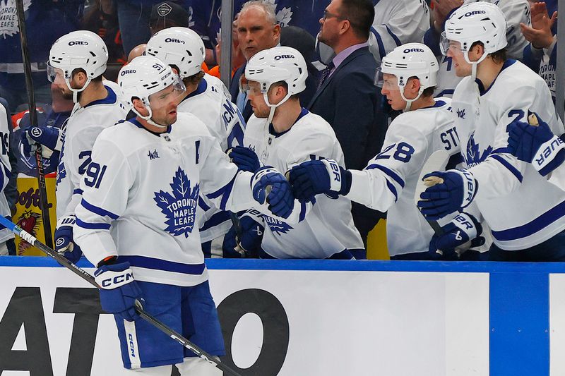 Feb 3, 2026; Edmonton, Alberta, CAN; The Toronto Maple Leafs celebrate a goal scored by  forward John Tavares (91) during the third period against the Edmonton Oilers at Rogers Place. Mandatory Credit: Perry Nelson-Imagn Images