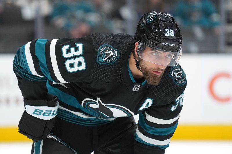 Feb 17, 2024; San Jose, California, USA; San Jose Sharks defenseman Mario Ferraro (38) stands on the ice during the first period against the Columbus Blue Jackets at SAP Center at San Jose. Mandatory Credit: Darren Yamashita-USA TODAY Sports