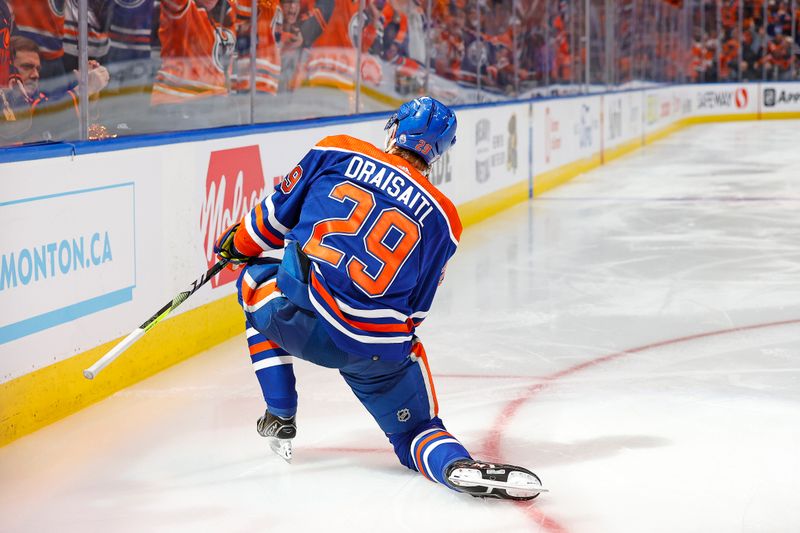 Apr 22, 2024; Edmonton, Alberta, CAN; Edmonton Oilers forward Leon Draisaitl (29) celebrates after scoring a goal during the third period against the Los Angeles Kings in game one of the first round of the 2024 Stanley Cup Playoffs at Rogers Place. Mandatory Credit: Perry Nelson-USA TODAY Sports