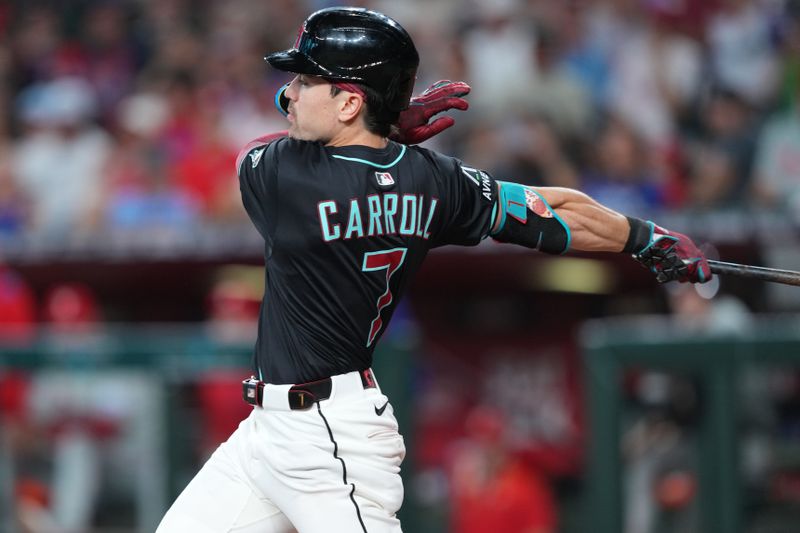 Sep 20, 2025; Phoenix, Arizona, USA; Arizona Diamondbacks outfielder Corbin Carroll (7) bats against the Philadelphia Phillies during the third inning at Chase Field. Mandatory Credit: Joe Camporeale-Imagn Images