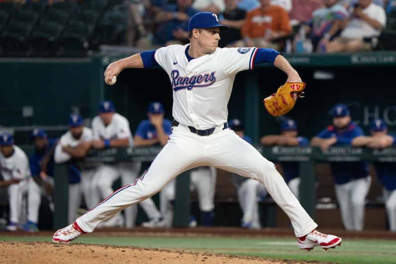 Sep 10, 2025; Arlington, Texas, USA; Texas Rangers relief pitcher Phil Maton (88) delivers a pitch to the Milwaukee Brewers during the ninth inning at Globe Life Field. Mandatory Credit: Jim Cowsert-Imagn Images