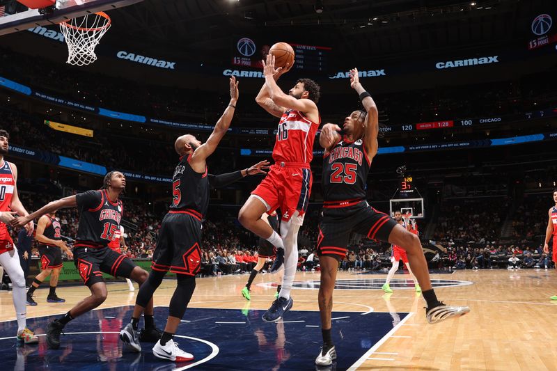 WASHINGTON, DC -? JANUARY 1: Anthony Gill #16 of the Washington Wizards drives to the basket during the game against the Chicago Bulls on January 1, 2025 at Capital One Arena in Washington, DC. NOTE TO USER: User expressly acknowledges and agrees that, by downloading and or using this Photograph, user is consenting to the terms and conditions of the Getty Images License Agreement. Mandatory Copyright Notice: Copyright 2025 NBAE (Photo by Kenny Giarla/NBAE via Getty Images)