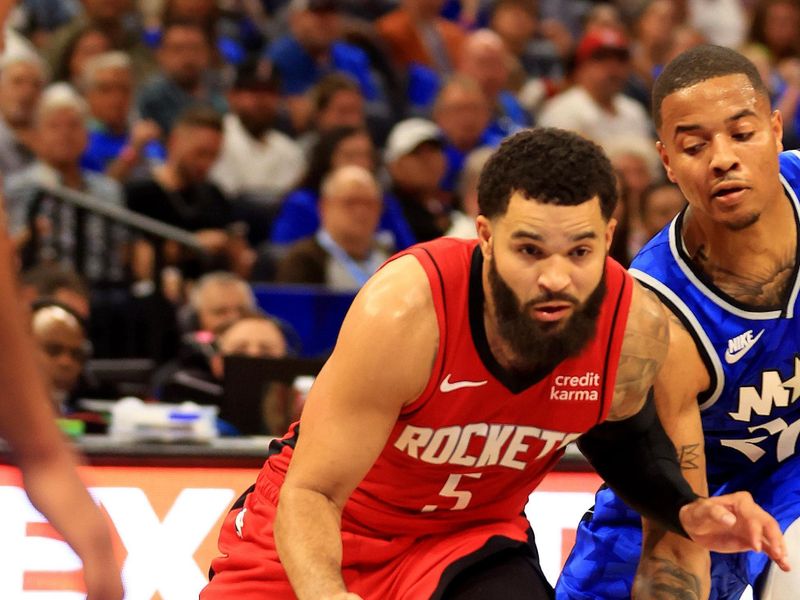 ORLANDO, FLORIDA - OCTOBER 25: Fred VanVleet #5 of the Houston Rockets drives to the basket during the opening night game against the Orlando Magic  at Amway Center on October 25, 2023 in Orlando, Florida. (Photo by Mike Ehrmann/Getty Images) NOTE TO USER: User expressly acknowledges and agrees that, by downloading and or using this photograph, User is consenting to the terms and conditions of the Getty Images License Agreement. (Photo by Mike Ehrmann/Getty Images)