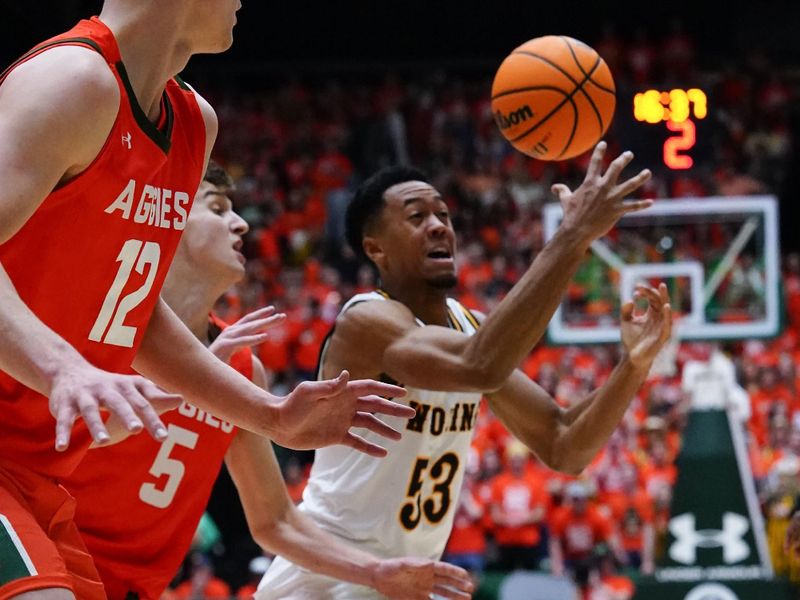 Feb 24, 2023; Fort Collins, Colorado, USA; \ Wyoming Cowboys guard Xavier DuSell (53) looses the ball at Moby Arena. Mandatory Credit: Michael Madrid-USA TODAY Sports