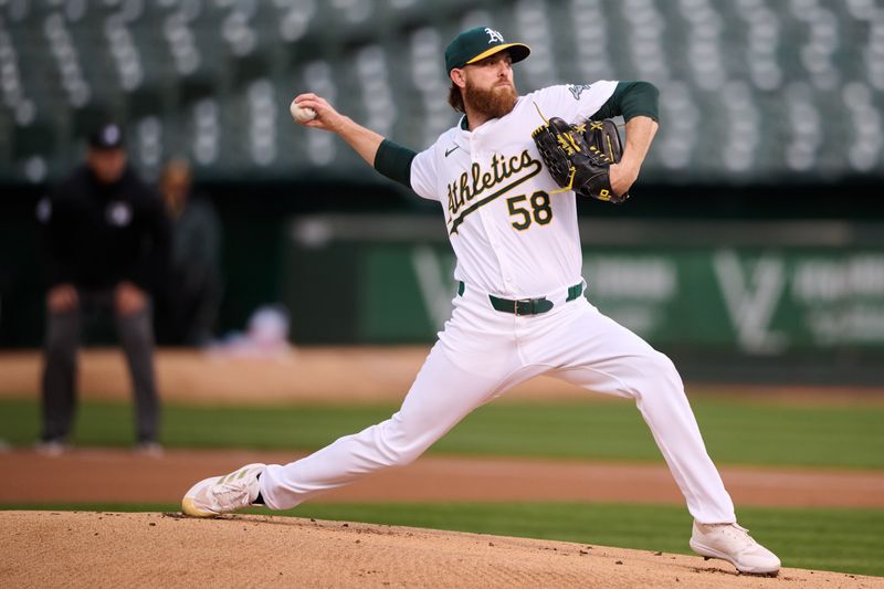 Apr 12, 2024; Oakland, California, USA; Oakland Athletics starting pitcher Paul Blackburn (58) throws a pitch against the Washington Nationals during the first inning at Oakland-Alameda County Coliseum. Mandatory Credit: Robert Edwards-USA TODAY Sports