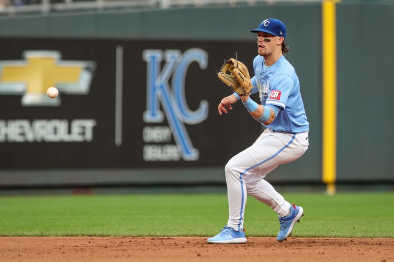 Jun 28, 2023; Kansas City, Missouri, USA; Kansas City Royals shortstop Bobby Witt Jr. (7) reaches for a ground ball during the fifth inning against the Cleveland Guardians at Kauffman Stadium. Mandatory Credit: William Purnell-USA TODAY Sports