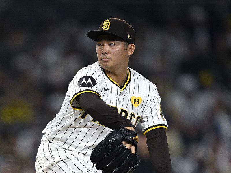 Jun 20, 2024; San Diego, California, USA; San Diego Padres relief pitcher Yuki Matsui (1) pitches against the Milwaukee Brewers during the seventh inning at Petco Park. Mandatory Credit: Orlando Ramirez-USA TODAY Sports