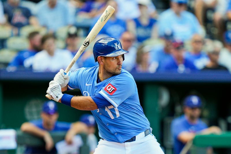 Aug 21, 2025; Kansas City, Missouri, USA; Kansas City Royals catcher Luke Maile (17) bats during the seventh inning against the Texas Rangers at Kauffman Stadium. Mandatory Credit: Jay Biggerstaff-Imagn Images