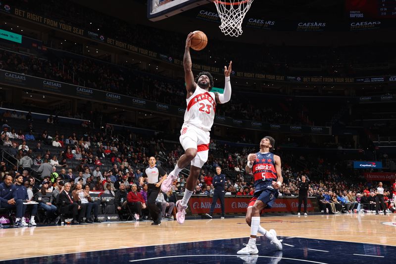 WASHINGTON, DC -? MARCH 24:  Jamal Shead #23 of the Toronto Raptors drives to the basket during the game against the Washington Wizards on March 24, 2025 at Capital One Arena in Washington, DC. NOTE TO USER: User expressly acknowledges and agrees that, by downloading and or using this Photograph, user is consenting to the terms and conditions of the Getty Images License Agreement. Mandatory Copyright Notice: Copyright 2025 NBAE (Photo by Stephen Gosling/NBAE via Getty Images)