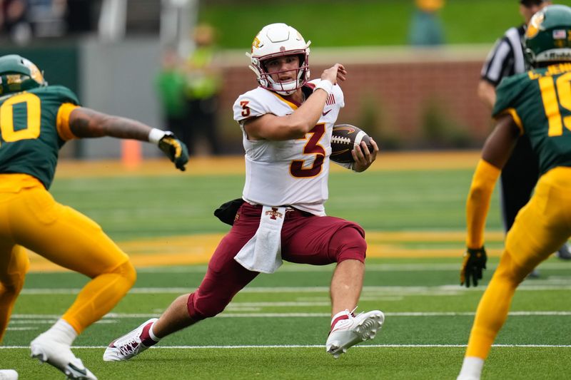 Oct 28, 2023; Waco, Texas, USA;  Iowa State Cyclones quarterback Rocco Becht (3) runs the ball against Baylor Bears cornerback Caden Jenkins (19) during the second half at McLane Stadium. Mandatory Credit: Chris Jones-USA TODAY Sports