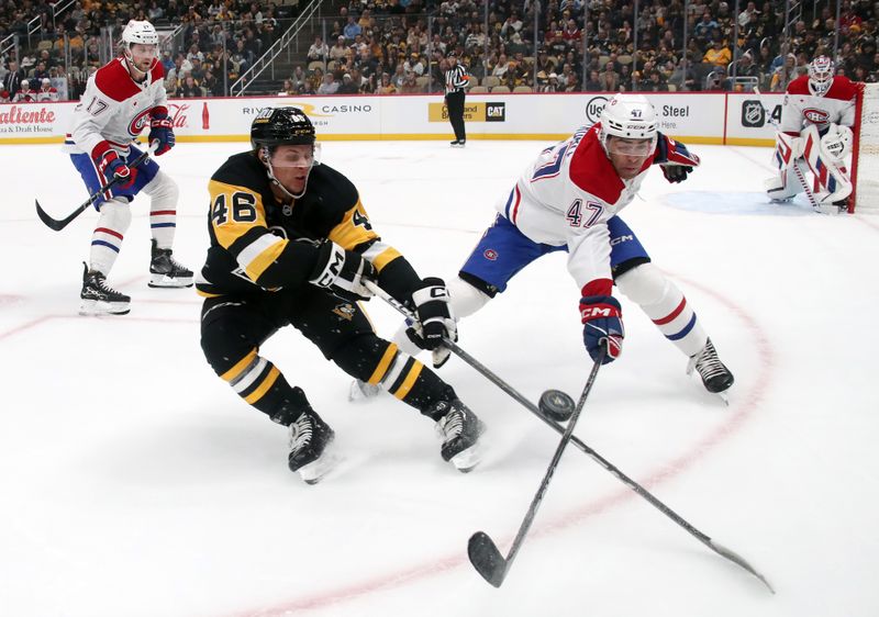 Nov 2, 2024; Pittsburgh, Pennsylvania, USA;  Montreal Canadiens defenseman Jayden Struble (47) defends Pittsburgh Penguins right wing Valtteri Puustinen (48) during the first period at PPG Paints Arena. Mandatory Credit: Charles LeClaire-Imagn Images