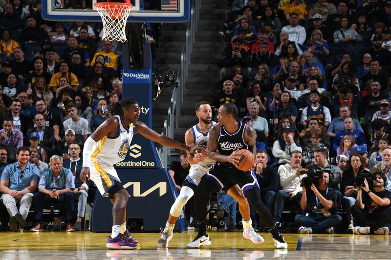 SAN FRANCISCO, CA - OCTOBER 11: DeMar DeRozan #10 of the Sacramento Kings handles the ball during the game against the Golden State Warriors during a NBA Preseason game on October 11, 2024 at Chase Center in San Francisco, California. NOTE TO USER: User expressly acknowledges and agrees that, by downloading and or using this photograph, user is consenting to the terms and conditions of Getty Images License Agreement. Mandatory Copyright Notice: Copyright 2024 NBAE (Photo by Noah Graham/NBAE via Getty Images)