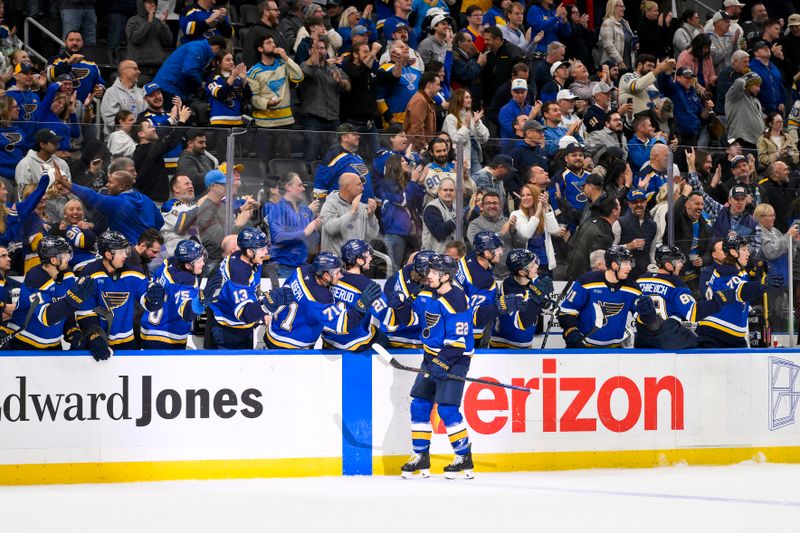 Nov 3, 2025; St. Louis, Missouri, USA; St. Louis Blues center Pius Suter (22) is congratulated by teammates after scoring the game winning goal against the Edmonton Oilers during the third period at Enterprise Center. Mandatory Credit: Jeff Curry-Imagn Images