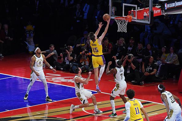 LAS VEGAS, NV - DECEMBER 9: Austin Reaves #15 of the Los Angeles Lakers shoots the ball during the game against the Indiana Pacers during the In-Season Tournament Championship game on December 9, 2023 at T-Mobile Arena in Las Vegas, Nevada. NOTE TO USER: User expressly acknowledges and agrees that, by downloading and or using this photograph, User is consenting to the terms and conditions of the Getty Images License Agreement. Mandatory Copyright Notice: Copyright 2023 NBAE (Photo by Juan Ocampo/NBAE via Getty Images)