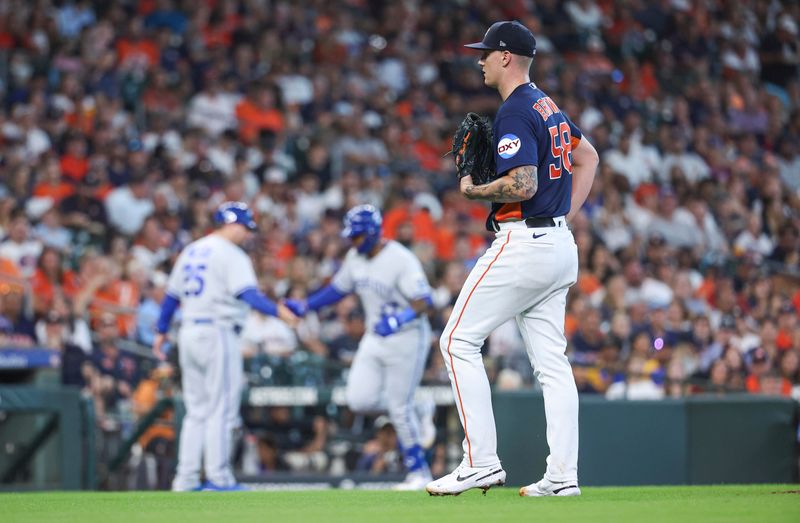 Sep 24, 2023; Houston, Texas, USA; Houston Astros starting pitcher Hunter Brown (58) reacts and Kansas City Royals right fielder Nelson Velazquez (17) celebrates with major league field coordinator, third base coach Vance Wilson (25) after hitting a home run during the third inning at Minute Maid Park. Mandatory Credit: Troy Taormina-USA TODAY Sports