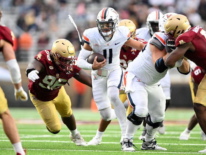 Sep 30, 2023; Chestnut Hill, Massachusetts, USA; Virginia Cavaliers quarterback Tony Muskett (11) runs with the ball against the Boston College Eagles during the second half at Alumni Stadium. Mandatory Credit: Brian Fluharty-USA TODAY Sports