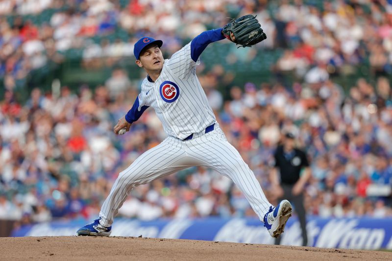 Jul 2, 2024; Chicago, Illinois, USA; Chicago Cubs starting pitcher Hayden Wesneski (19) delivers a pitch against the Philadelphia Phillies during the first inning at Wrigley Field. Mandatory Credit: Kamil Krzaczynski-USA TODAY Sports