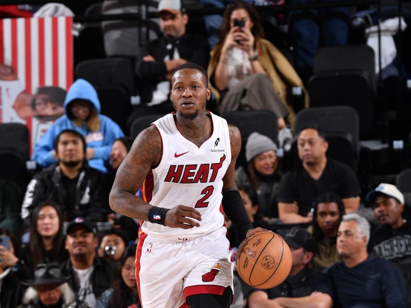 INGLEWOOD, CA - JANUARY 13:  Terry Rozier #2 of the Miami Heat dribbles the ball during the game against the LA Clippers on January 13, 2025 at Intuit Dome in Los Angeles, California. NOTE TO USER: User expressly acknowledges and agrees that, by downloading and/or using this Photograph, user is consenting to the terms and conditions of the Getty Images License Agreement. Mandatory Copyright Notice: Copyright 2025 NBAE (Photo by Juan Ocampo/NBAE via Getty Images)