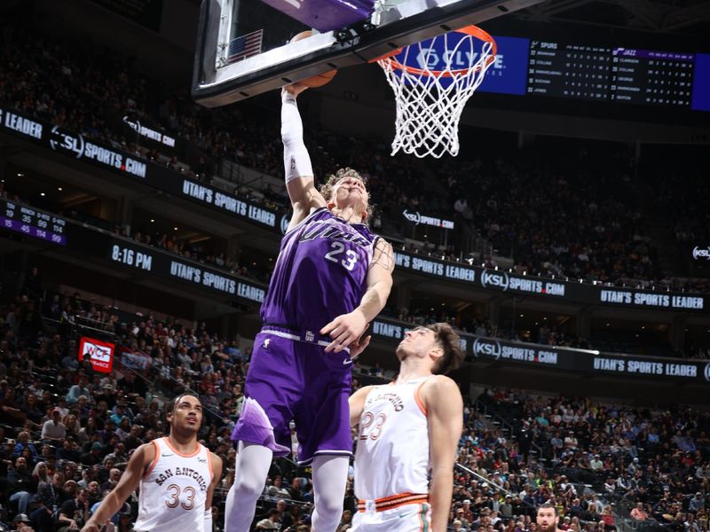 SALT LAKE CITY, UT - FEBRUARY 25: Lauri Markkanen #23 of the Utah Jazz dunks the ball during the game against the San Antonio Spurs on February 25, 2024 at vivint.SmartHome Arena in Salt Lake City, Utah. NOTE TO USER: User expressly acknowledges and agrees that, by downloading and or using this Photograph, User is consenting to the terms and conditions of the Getty Images License Agreement. Mandatory Copyright Notice: Copyright 2024 NBAE (Photo by Melissa Majchrzak/NBAE via Getty Images)