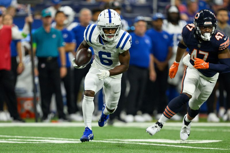 Indianapolis Colts wide receiver Isaiah McKenzie (6) runs across the field during an NFL football game against the Chicago Bears, Saturday, Aug. 19, 2023, in Indianapolis. (AP Photo/Zach Bolinger)