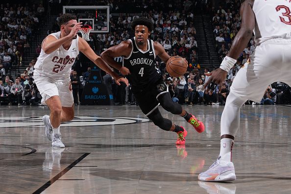 BROOKLYN, NY - OCTOBER 25: Dennis Smith Jr. #4 of the Brooklyn Nets dribbles the ball during the game against the Cleveland Cavaliers on October 25, 2023 at Barclays Center in Brooklyn, New York. NOTE TO USER: User expressly acknowledges and agrees that, by downloading and or using this Photograph, user is consenting to the terms and conditions of the Getty Images License Agreement. Mandatory Copyright Notice: Copyright 2023 NBAE (Photo by Jesse D. Garrabrant/NBAE via Getty Images)