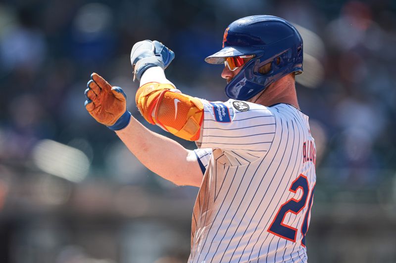 Jul 11, 2024; New York City, New York, USA; New York Mets first baseman Pete Alonso (20) reacts after a single during the eighth inning against the Washington Nationals at Citi Field. Mandatory Credit: Vincent Carchietta-USA TODAY Sports