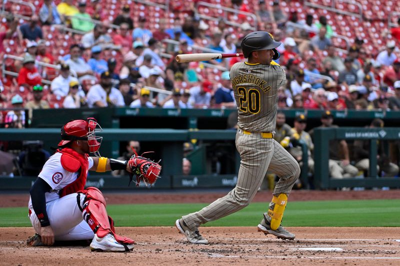 Aug 29, 2024; St. Louis, Missouri, USA;  San Diego Padres catcher Kyle Higashioka (20) hits a double against the St. Louis Cardinals during the third inning at Busch Stadium. Mandatory Credit: Jeff Curry-USA TODAY Sports