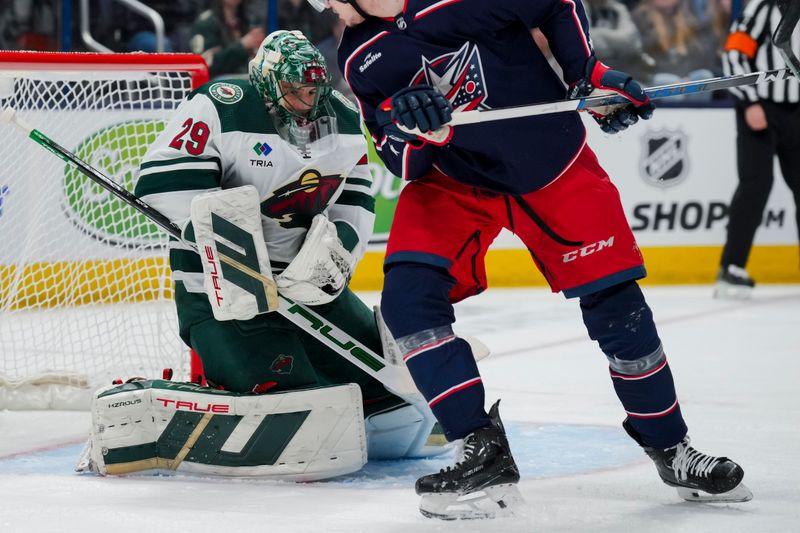 Jan 6, 2024; Columbus, Ohio, USA;  Minnesota Wild goaltender Marc-Andre Fleury (29) makes a save in net against the Columbus Blue Jackets in the first period at Nationwide Arena. Mandatory Credit: Aaron Doster-USA TODAY Sports