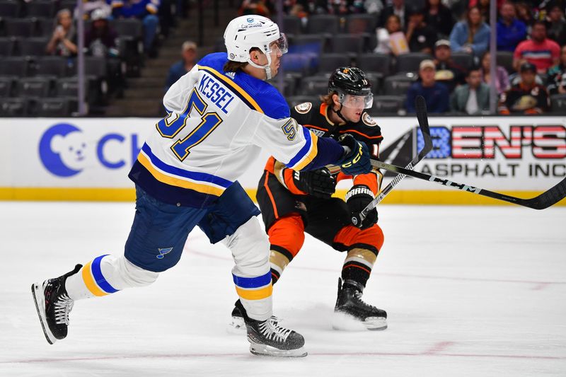 Apr 7, 2024; Anaheim, California, USA; St. Louis Blues defenseman Matthew Kessel (51) scores a goal against the Anaheim Ducks during the first period at Honda Center. Mandatory Credit: Gary A. Vasquez-USA TODAY Sports