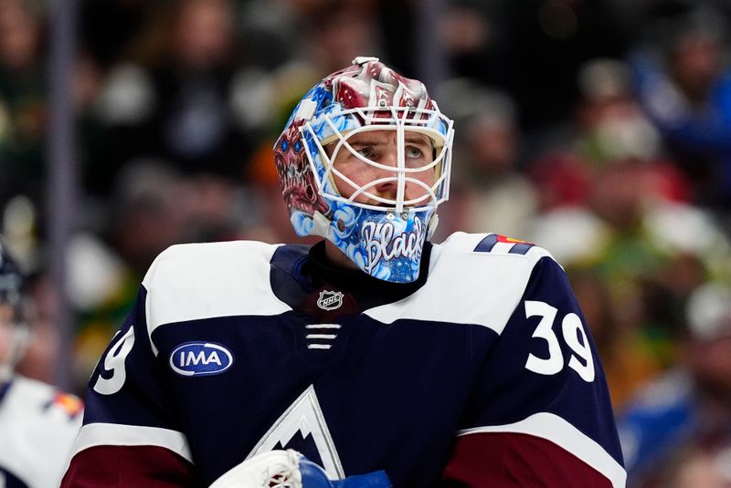 Feb 28, 2025; Denver, Colorado, USA; Colorado Avalanche goaltender Mackenzie Blackwood (39) during the first period against the Minnesota Wild at Ball Arena. Mandatory Credit: Ron Chenoy-Imagn Images