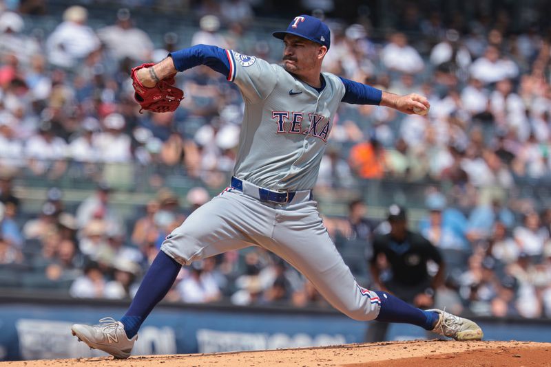 Aug 11, 2024; Bronx, New York, USA; Texas Rangers starting pitcher Andrew Heaney (44) delivers a pitch during the first inning against the New York Yankees at Yankee Stadium. Mandatory Credit: Vincent Carchietta-USA TODAY Sports