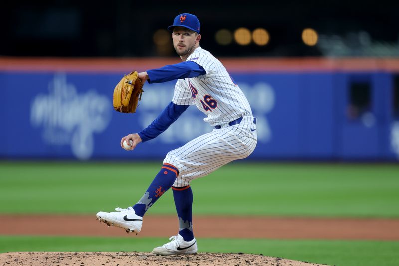 Jun 10, 2025; New York City, New York, USA; New York Mets starting pitcher Griffin Canning (46) pitches against the Washington Nationals during the third inning at Citi Field. Mandatory Credit: Brad Penner-Imagn Images