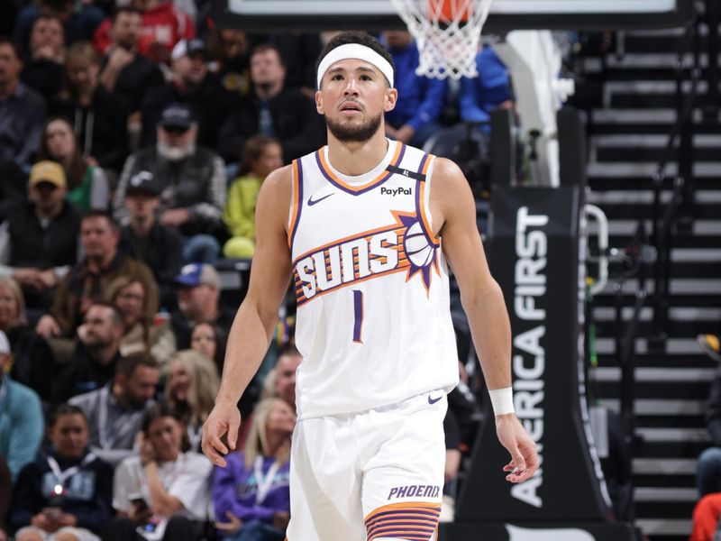 SALT LAKE CITY, UT - NOVEMBER 12: Devin Booker #1 of the Phoenix Suns looks on during the game against the Utah Jazz during the Emirates NBA Cup game on November 12, 2024 at vivint.SmartHome Arena in Salt Lake City, Utah. NOTE TO USER: User expressly acknowledges and agrees that, by downloading and or using this Photograph, User is consenting to the terms and conditions of the Getty Images License Agreement. Mandatory Copyright Notice: Copyright 2024NBAE (Photo by Melissa Majchrzak/NBAE via Getty Images)