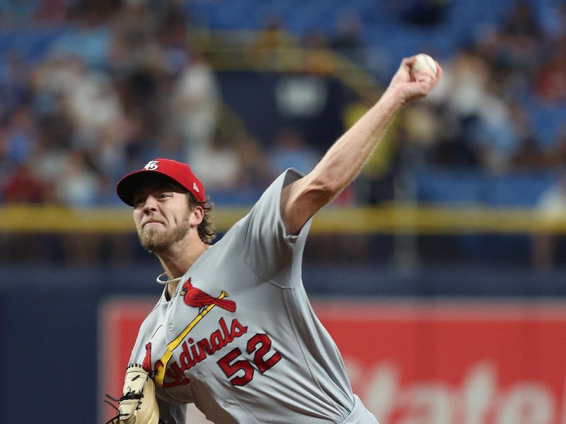 Aug 10, 2023; St. Petersburg, Florida, USA;  St. Louis Cardinals starting pitcher Matthew Liberatore (52) throws a pitch against the Tampa Bay Rays during the first inning at Tropicana Field. Mandatory Credit: Kim Klement Neitzel-USA TODAY Sports