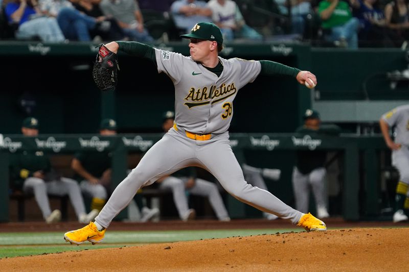 Apr 28, 2025; Arlington, Texas, USA; Athletics starting pitcher JP Sears (38) throws to the plate during the first inning against the Texas Rangers at Globe Life Field. Mandatory Credit: Raymond Carlin III-Imagn Images