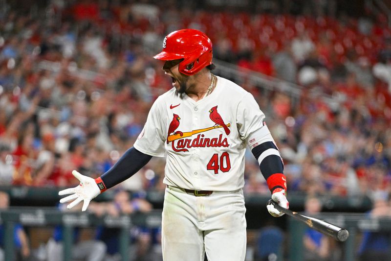 Jul 29, 2024; St. Louis, Missouri, USA;  St. Louis Cardinals catcher Willson Contreras (40) reacts after he was called out on strikes against the Texas Rangers during the eighth inning at Busch Stadium. Mandatory Credit: Jeff Curry-USA TODAY Sports