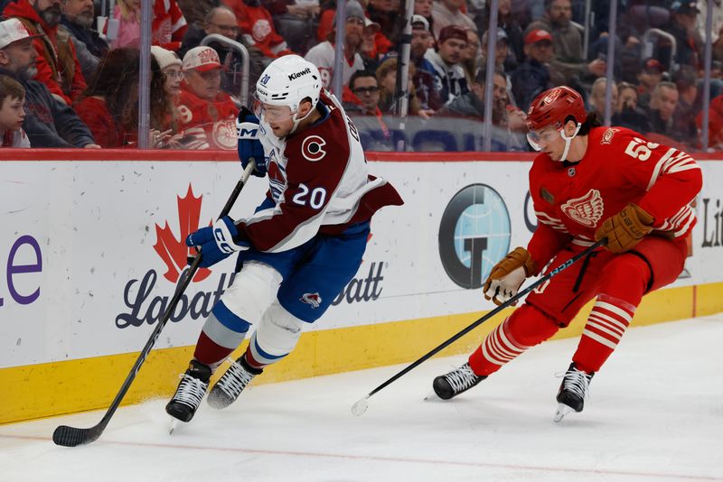 Jan 31, 2026; Detroit, Michigan, USA;  Colorado Avalanche center Ross Colton (20) skates against Detroit Red Wings defenseman Moritz Seider (53) in the first period at Little Caesars Arena. Mandatory Credit: Rick Osentoski-Imagn Images