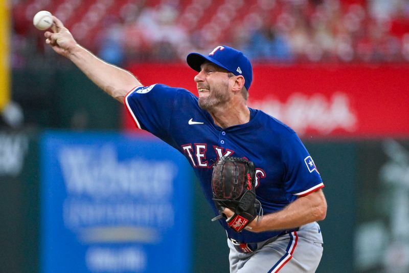 Jul 30, 2024; St. Louis, Missouri, USA;  Texas Rangers starting pitcher Max Scherzer (31) pitches against the St. Louis Cardinals during the second inning at Busch Stadium. Mandatory Credit: Jeff Curry-USA TODAY Sports