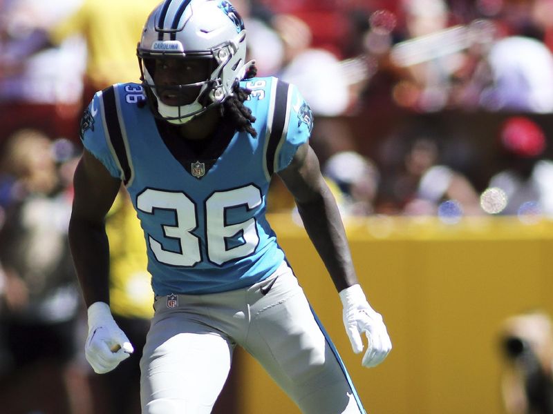 Carolina Panthers cornerback Madre Harper (36) runs during an NFL football game against the Washington Commanders, Saturday, Aug. 13, 2022 in Landover. (AP Photo/Daniel Kucin Jr.)