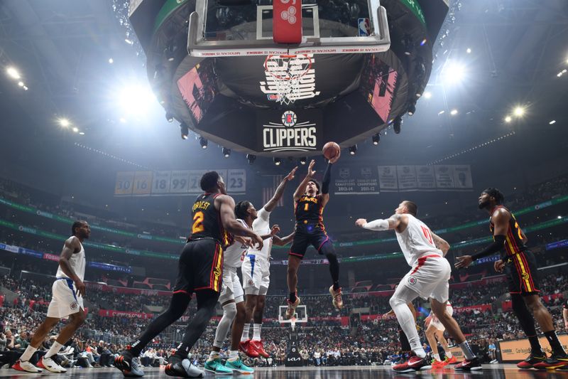 LOS ANGELES, CA - MARCH 17: Jalen Johnson #1 of the Atlanta Hawks drives to the basket during the game against the LA Clippers on March 17, 2024 at Crypto.Com Arena in Los Angeles, California. NOTE TO USER: User expressly acknowledges and agrees that, by downloading and/or using this Photograph, user is consenting to the terms and conditions of the Getty Images License Agreement. Mandatory Copyright Notice: Copyright 2024 NBAE (Photo by Adam Pantozzi/NBAE via Getty Images)