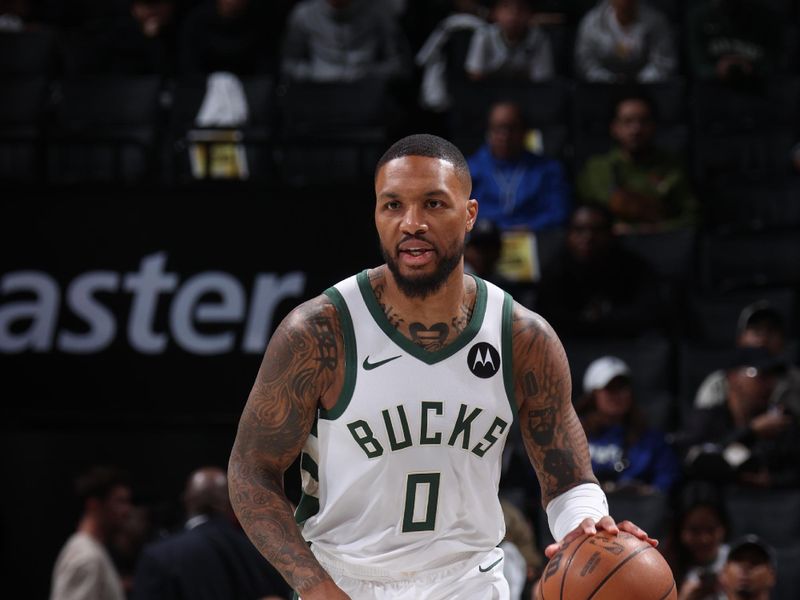 BROOKLYN, NY - OCTOBER 27: Damian Lillard #0 of the Milwaukee Bucks dribbles the ball during the game against the Brooklyn Nets on October 27, 2024 at Barclays Center in Brooklyn, New York. NOTE TO USER: User expressly acknowledges and agrees that, by downloading and or using this Photograph, user is consenting to the terms and conditions of the Getty Images License Agreement. Mandatory Copyright Notice: Copyright 2024 NBAE (Photo by Nathaniel S. Butler/NBAE via Getty Images)