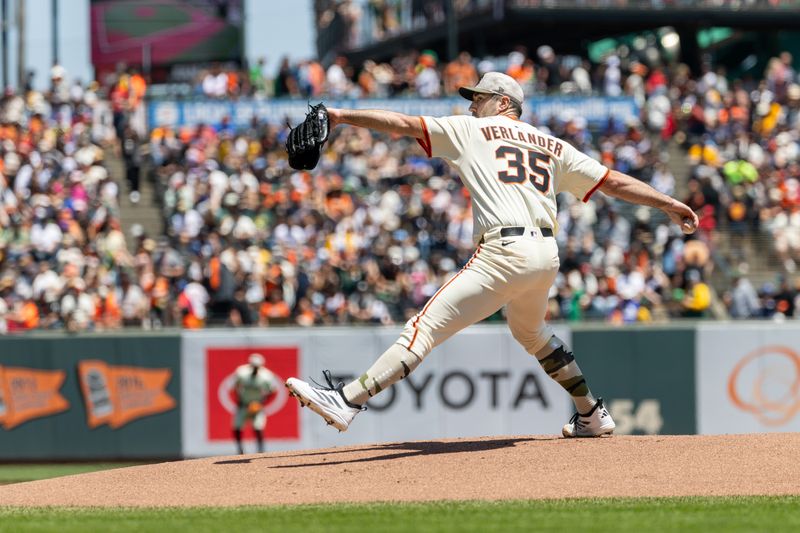May 18, 2025; San Francisco, California, USA; San Francisco Giants pitcher Justin Verlander (35) throws a pitch first inning against the Oakland Athletics at Oracle Park. Mandatory Credit: Bob Kupbens-Imagn Images