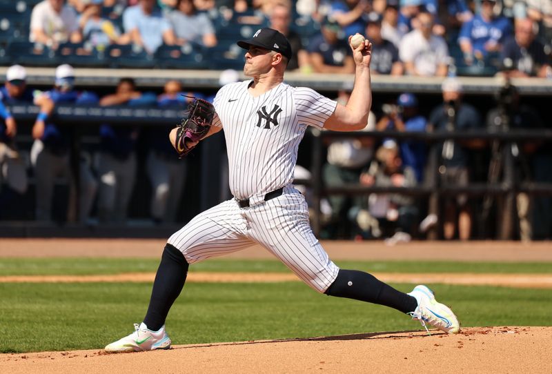 Feb 25, 2024; Tampa, Florida, USA;  New York Yankees starting pitcher Carlos Rodon (55) throws a pitch during the first inning against the Toronto Blue Jays at George M. Steinbrenner Field. Mandatory Credit: Kim Klement Neitzel-USA TODAY Sports