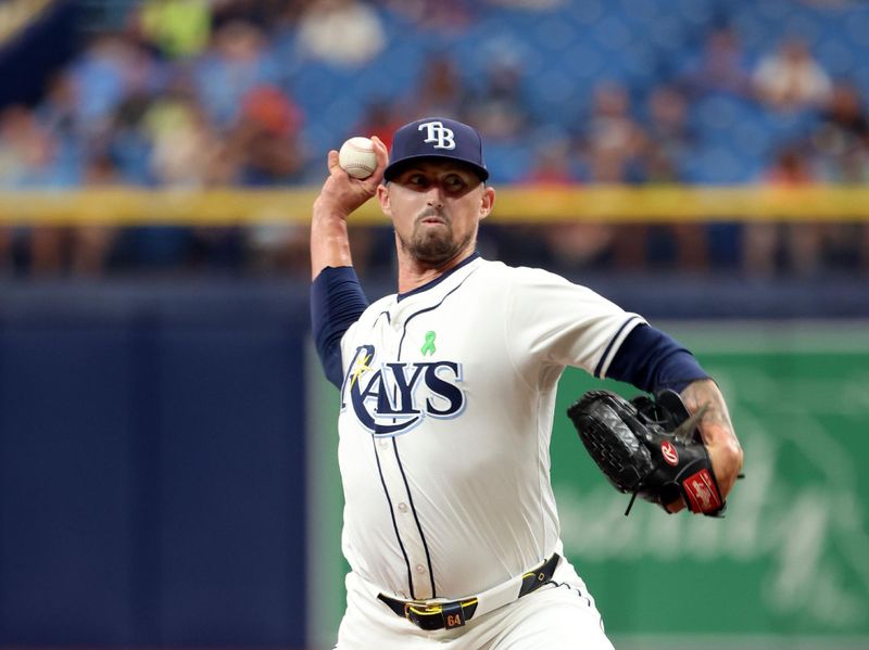 May 30, 2024; St. Petersburg, Florida, USA; Tampa Bay Rays starting pitcher Shawn Armstrong (64) throws a pitch against the Oakland Athletics during the first inning at Tropicana Field. Mandatory Credit: Kim Klement Neitzel-USA TODAY Sports