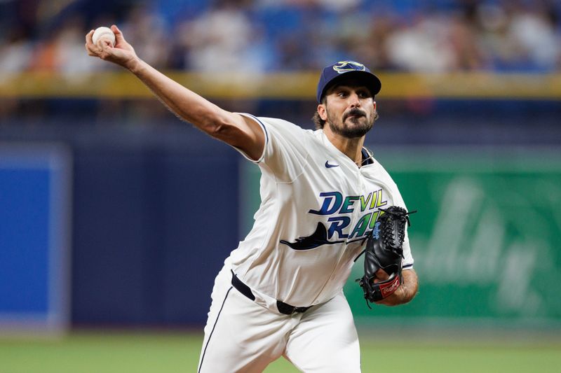 Jun 28, 2024; St. Petersburg, Florida, USA;  Tampa Bay Rays pitcher Zach Eflin (24) throws a pitch against the Washington Nationals in the third inning at Tropicana Field. Mandatory Credit: Nathan Ray Seebeck-USA TODAY Sports